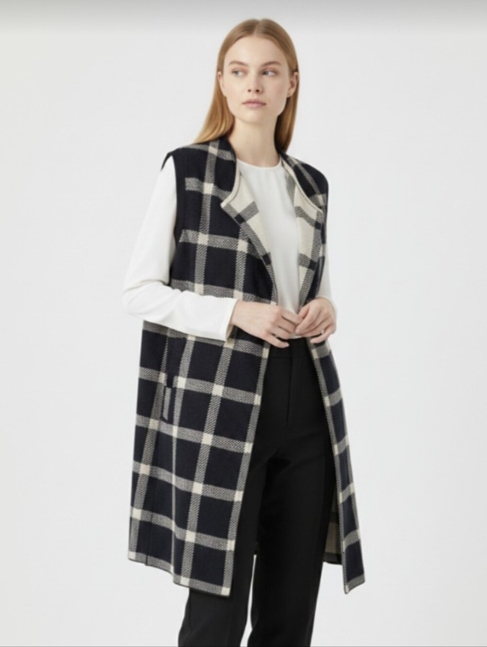 NWT! BELLDINI! BLACK & CREAM PLAID DUSTER LENGTH CARDIGAN SWEATER VEST! SZ M